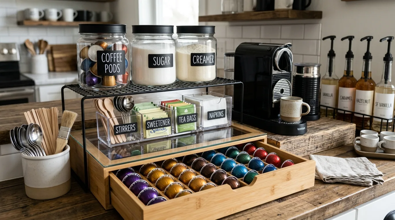 Style the station with trays for better organization inspiration for a home coffee bar.